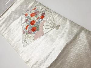 リサイクル　銀駒刺繍　扇子に菊模様名古屋帯